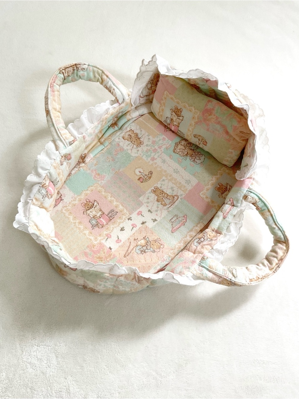 Vintage Handmade Beatrix Potter Doll Bassinet Carrier Bed w/ Pillow & Hood